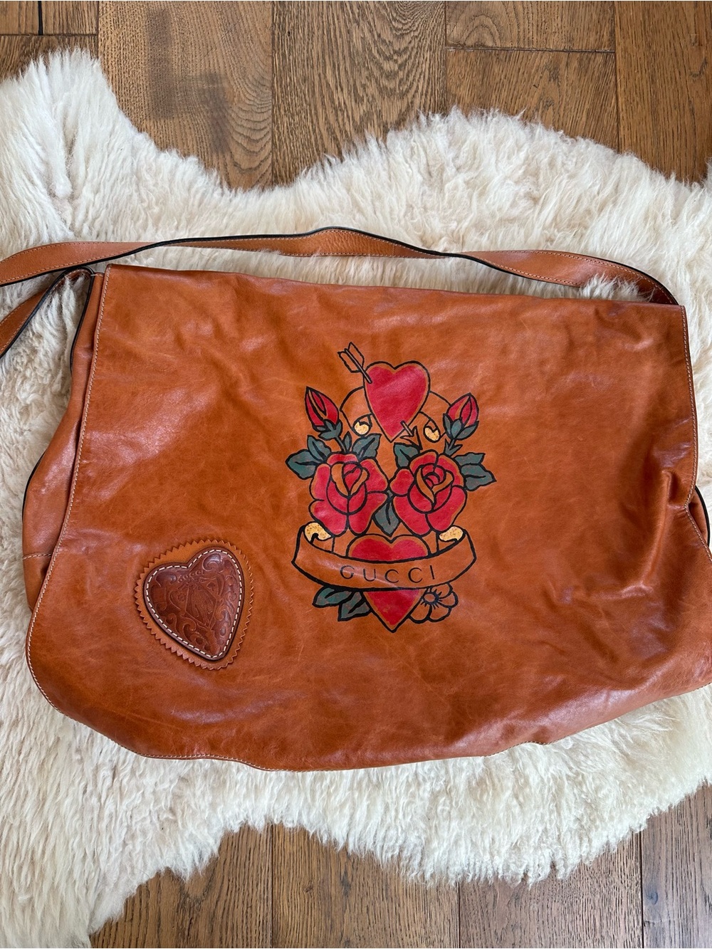 Gucci Calfskin Tattoo Heart Tribeca Messenger Bag Tan